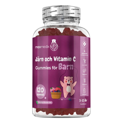 En burk med Järn gummiesmed vitamin C för barn