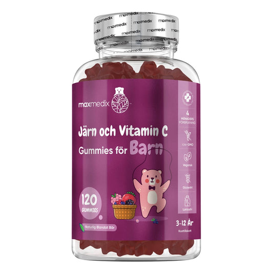 En burk med Järn gummiesmed vitamin C för barn