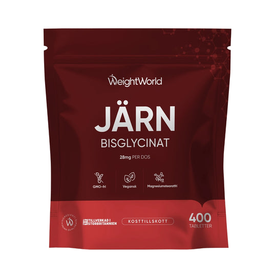 Järntabletter i röd påse, WeightWorld JÄRN Bisglycinat, 400 tabletter