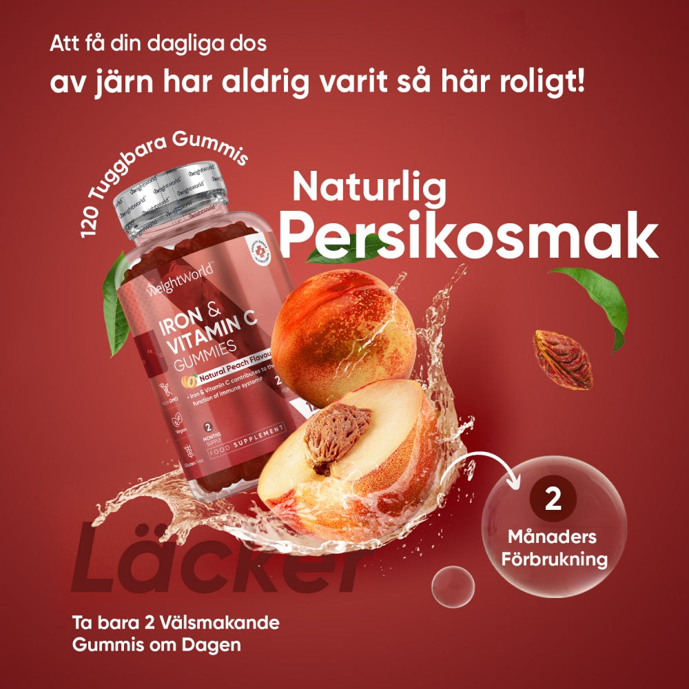 En bild på en burk av WeightWorlds Järn gummies samt en frukt som visar smaken av produkten. 
