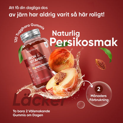 En bild på en burk av WeightWorlds Järn gummies samt en frukt som visar smaken av produkten. 