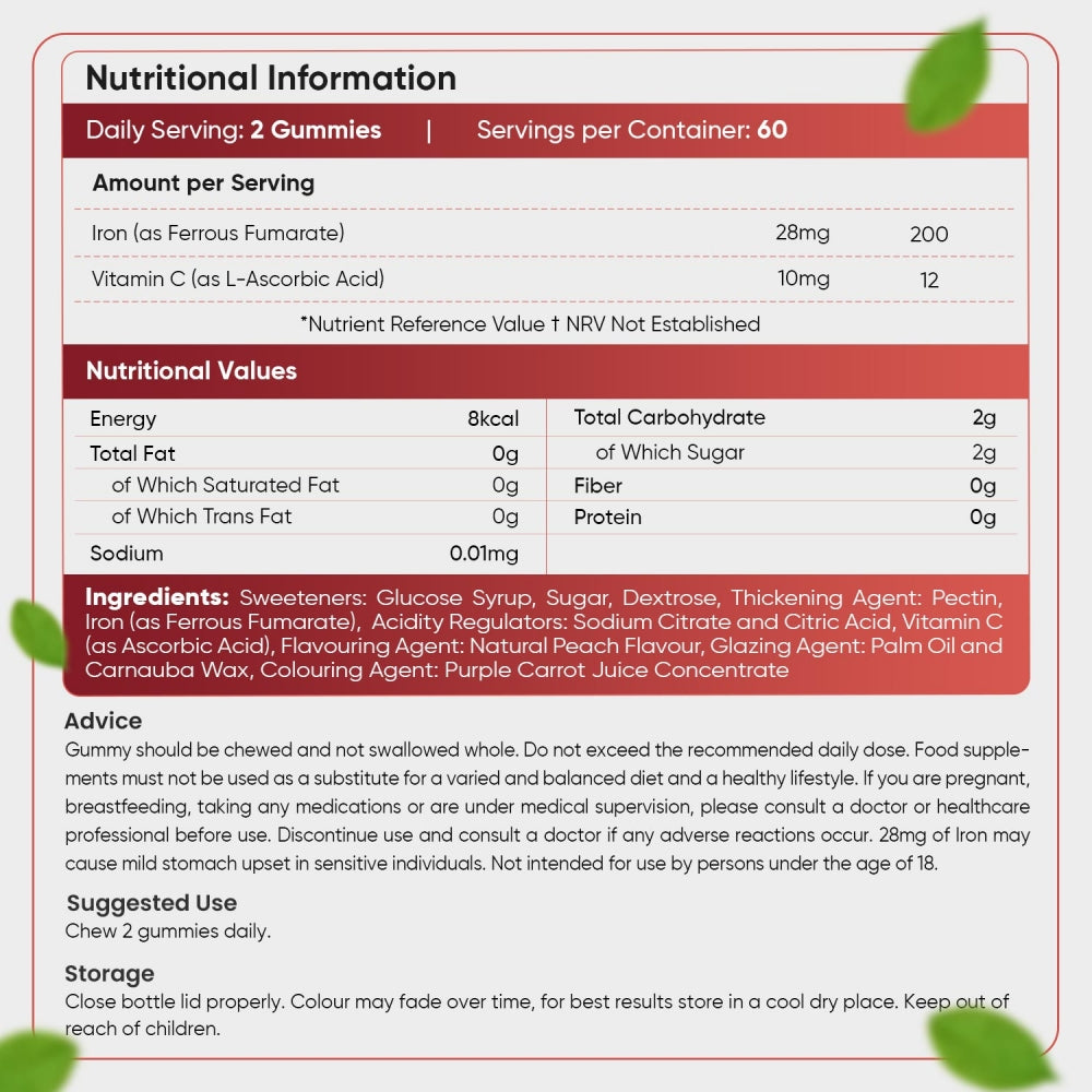På den här bilden ser man näringsvärdet och ingredienserna från WeightWorlds Järn gummies