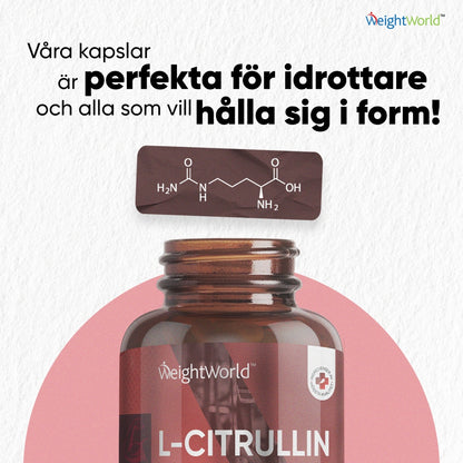 Bilden visar övre delen av en burk med WeightWorlds L-Citrullin 3000 mg, tillsammans med en kemisk beteckning