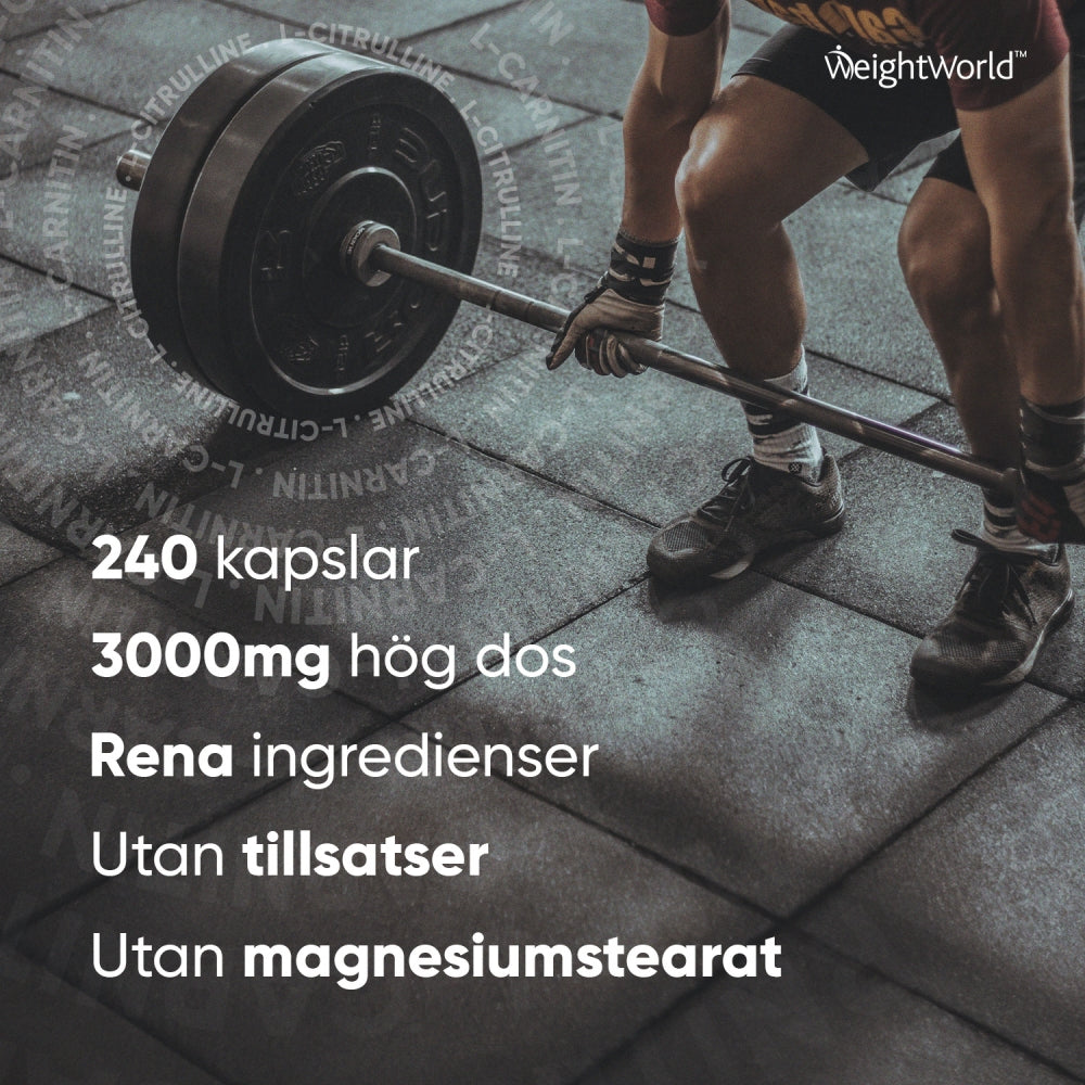 Bilden beskriver olika produktfördelar och visar en person som ägnar sig åt tyngdlyftning