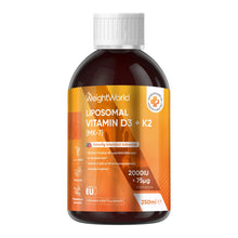 Liposomalt vitamin D3 + K2 i mörkbrun flaska med vit skruvkork och etikett.