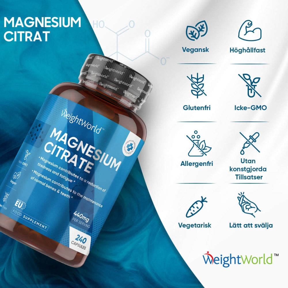 Lättsvalda magnesiumcitrat kapslar med en hög daglig dos på 440 mg