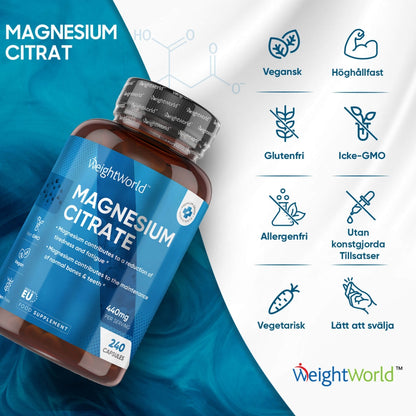 Lättsvalda magnesiumcitrat kapslar med en hög daglig dos på 440 mg