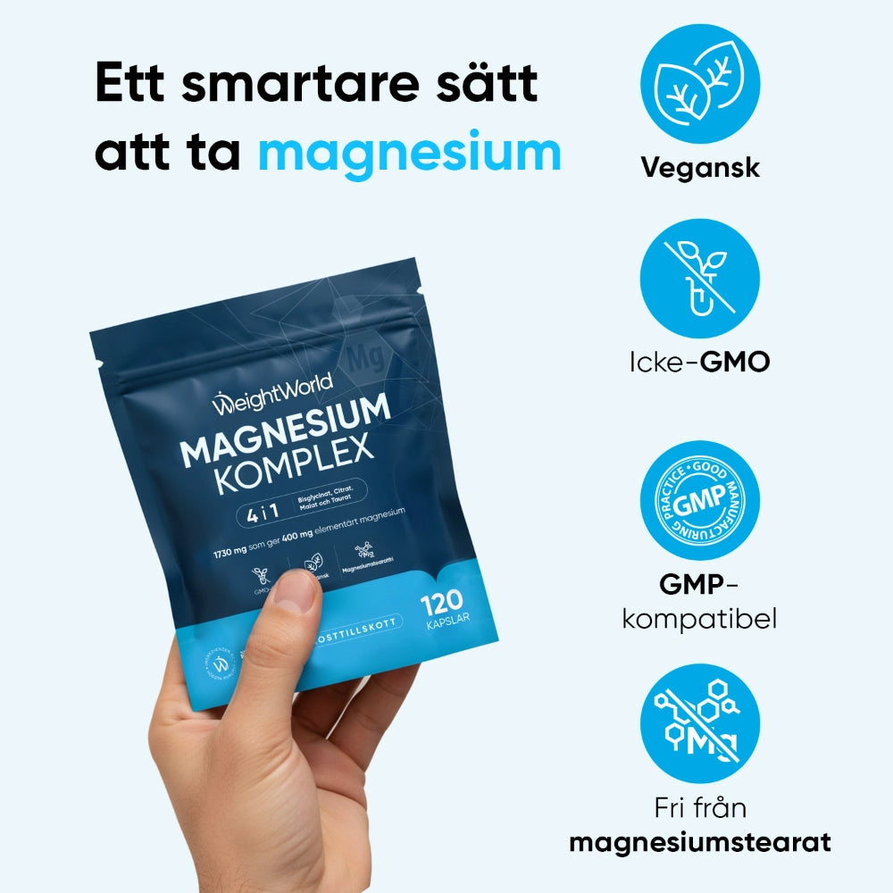 Magnesiumkomplex-kapslar i blå påse med vegansk och GMO-kompatibel märkning