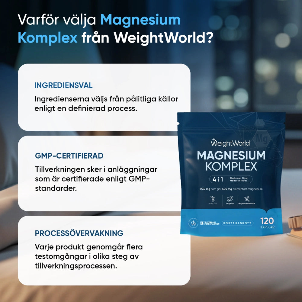 Magnesiumkomplex-kapslar i blå förpackningspåse, 120 kapslar