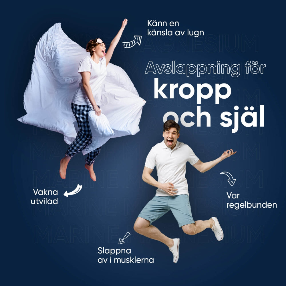 En bild på 2 människor som hoppar och är glada med text om hur Marin Magnesium Kapslar med Vitamin B6 kan hjälpa till med