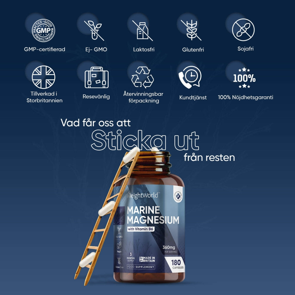 En öppnad burk av Marin Magnesium Kapslar med Vitamin B6 samt text som visar vad den innehåller och inte innehåller