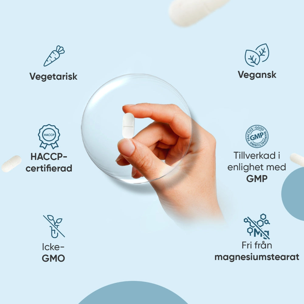 Vita tabletter och hand som håller en tablett till MSM med vitamin C
