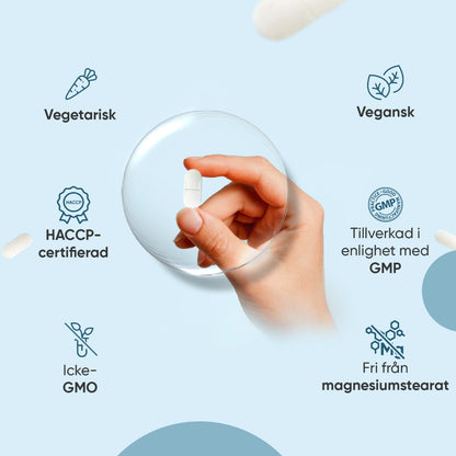 Vita tabletter och hand som håller en tablett till MSM med vitamin C