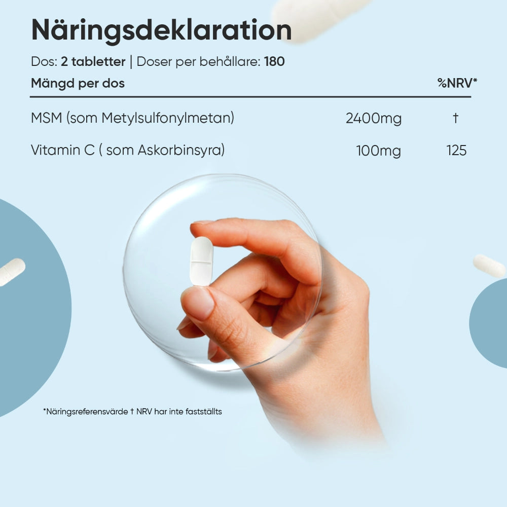 Näringsdeklaration för MSM med vitamin C: 2400 mg MSM och 100 mg C per portion