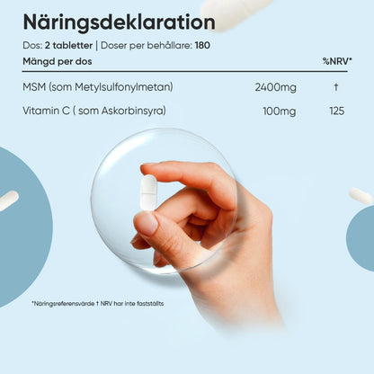 Näringsdeklaration för MSM med vitamin C: 2400 mg MSM och 100 mg C per portion