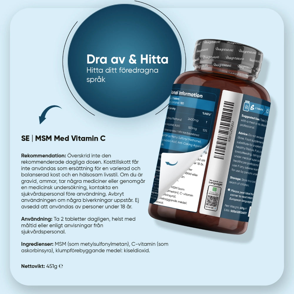 Baksida med dosering, ingredienser och rekommendationer för MSM med vitamin C, SE