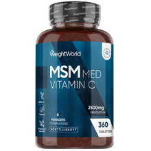 MSM med vitamin C-tillskott i brun burk med etikett och 360 tabletter