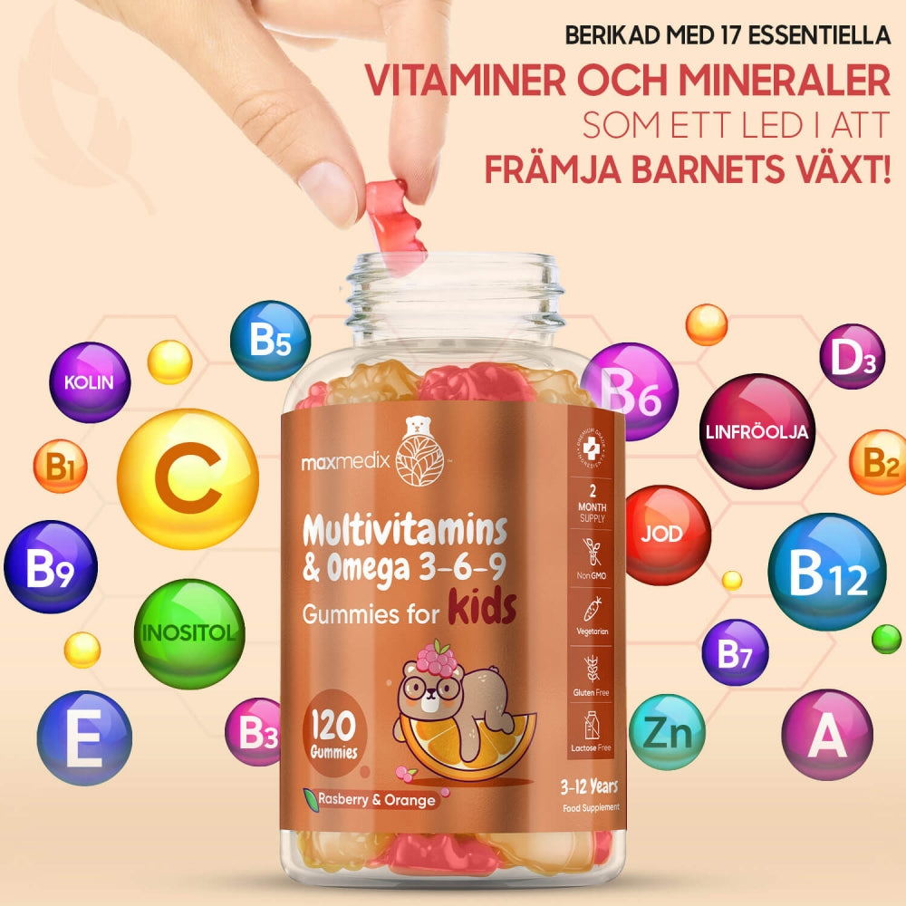 Bilden visar en öppen burk av Multivitamin Gummies för barn för att visa hur vingummit ser ut och även text om alla vitaminer produkten innehåller