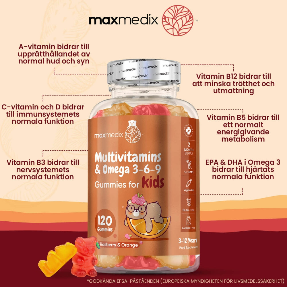 En ljus orange bakgrund med en bild på Multivitamin Gummies för barn från WeightWorld och text runt omkring som nämner vad vissa av vitaminerna kan hjälpa till med
