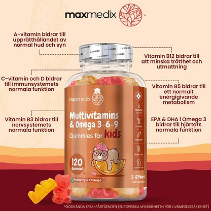 En ljus orange bakgrund med en bild på Multivitamin Gummies för barn från WeightWorld och text runt omkring som nämner vad vissa av vitaminerna kan hjälpa till med