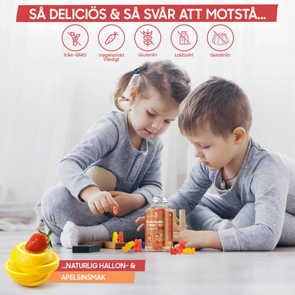 Bild på 2 barn som tittar på en burk av Multivitamin Gummies för barn och text som beskriver vad den innehåller och inte innehåller