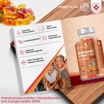Ett papper som beskriver fördelarna man får om man köper Multivitamin Gummies för barn från WeightWorld