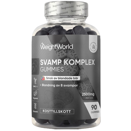 Svampkomplex-gummies i burk med grå etikett, WeightWorld och 90 gummies