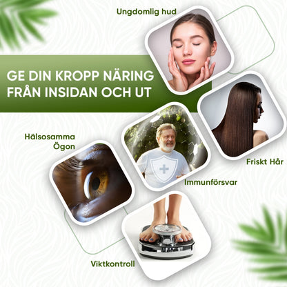 Bilden visar fördelar för hud, hår, ögon, viktkontroll och immunförsvar med WeightWorlds Ekologiskt Amlapulver 200 g 