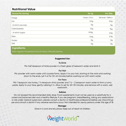 Innehållsförteckningen för WeightWorlds Ekologiskt Amlapulver 200 g