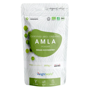 En förpackning med WeightWorlds Ekologiskt Amla Pulver 200 g