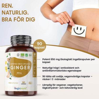 Bilden visar en burk av WeightWorlds Ingefära kapslar till vänster och en mage med en glad streckgubbe uppe i höger, samt text på vad produkten ger dig i styrka och annat.