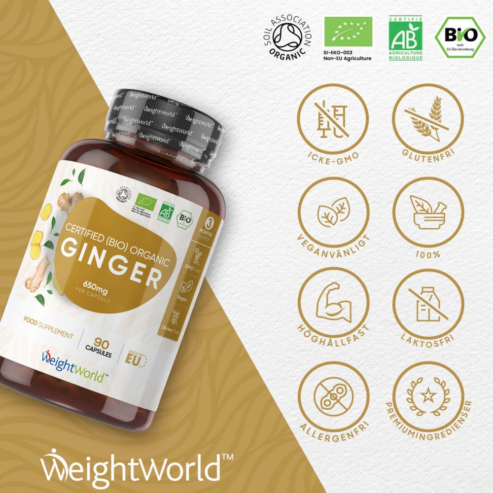 En burk av Ingefära kapslar som ligger ned och vad produkten inte innehåller från WeightWorlds produkt