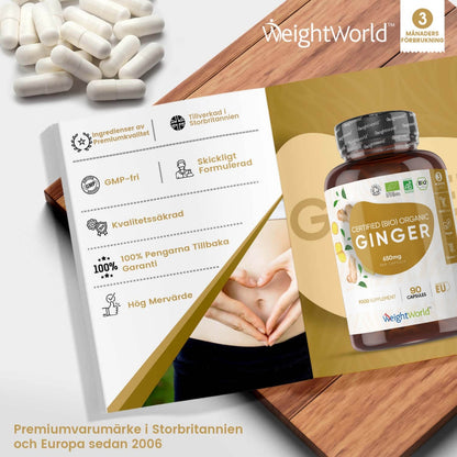 En broschyr av Ingefära kapslar från WeightWorld som beskriver vad du får ifall du köper den från WeightWorld