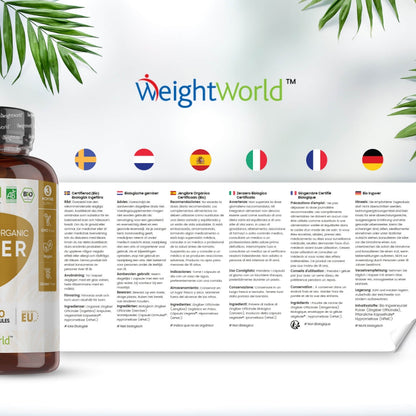 Visar en halv burk av WeightWorlds Ingefära kapslar från WeightWorld och alla språk man kan läsa på etiketten