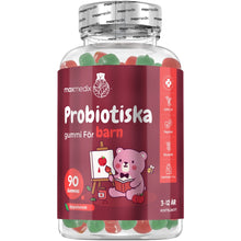 Probiotiska gummies för barn i röd burk med genomskinliga gelégummier i färger.