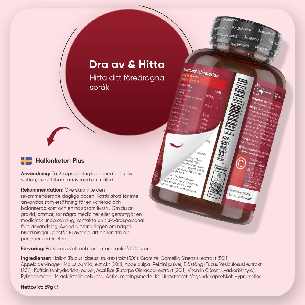 Hallonketon Plus förpackning med instruktioner och ingrediensinfo på etikett