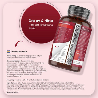 Hallonketon Plus förpackning med instruktioner och ingrediensinfo på etikett