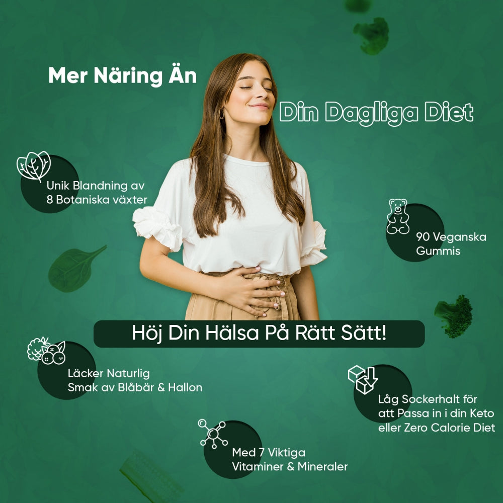 En bild på en lugn kvinna samt text som beskriver näringen som finns i WeightWorlds Vitamin Gummies