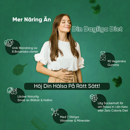 En bild på en lugn kvinna samt text som beskriver näringen som finns i WeightWorlds Vitamin Gummies