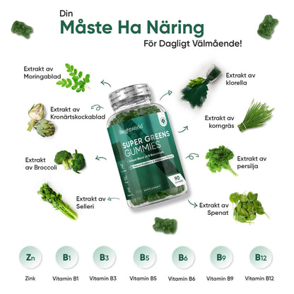 Bild på en burk av Weightworlds Vitamin Gummies samt bild på de olika livsmedel som finns i produkten