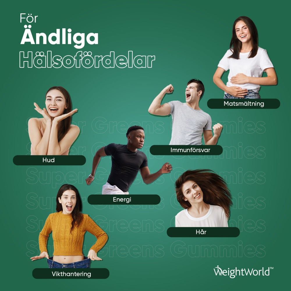 Visar text och bild på de olika hälsofördelar som man kan få av WeightWorlds Vitamin Gummies