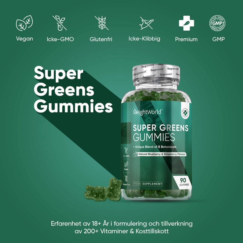 Visar en burk av WeightWorlds Vitamin Gummies och information om produktens allergier