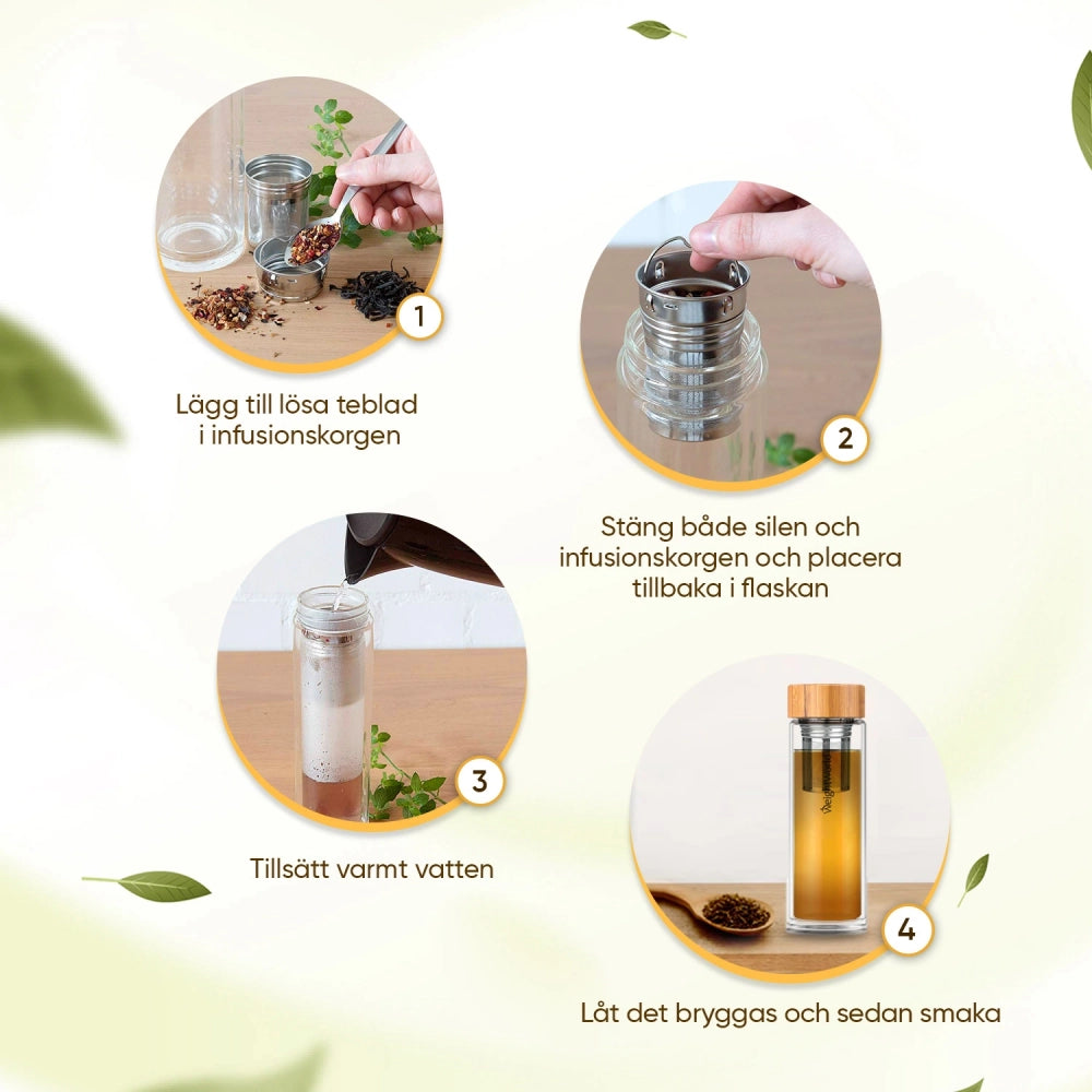 Bilden visar 4 bilder som beskriver stegen man bör ta för att använda termosflaskan ordentligt