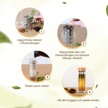 Bilden visar 4 bilder som beskriver stegen man bör ta för att använda termosflaskan ordentligt