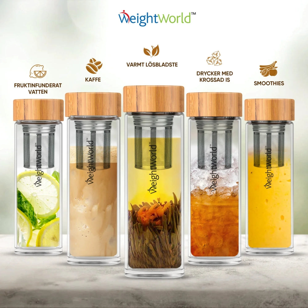 Bilden visar 5 olika termosflaskor och de olika sätt som den kan användas med varma och kalla drycker