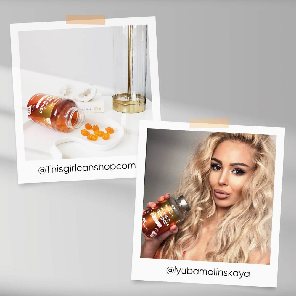 2 bilder från influencers som visar upp sina burkar av C-vitamin Gummies
