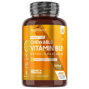 1 burk av WeightWorlds Vitamin B12 Tuggtabletter som är stödjer nervsystemets normala funktion