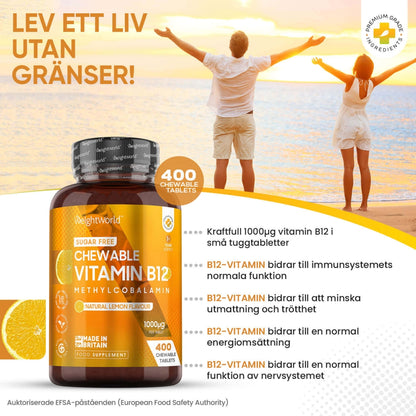 Bilden visar en burk av Vitamin B12 Tuggtabletter med text runt omkring som beskriver fördelarna med produkten samt två lyckliga människor i bakgrunden