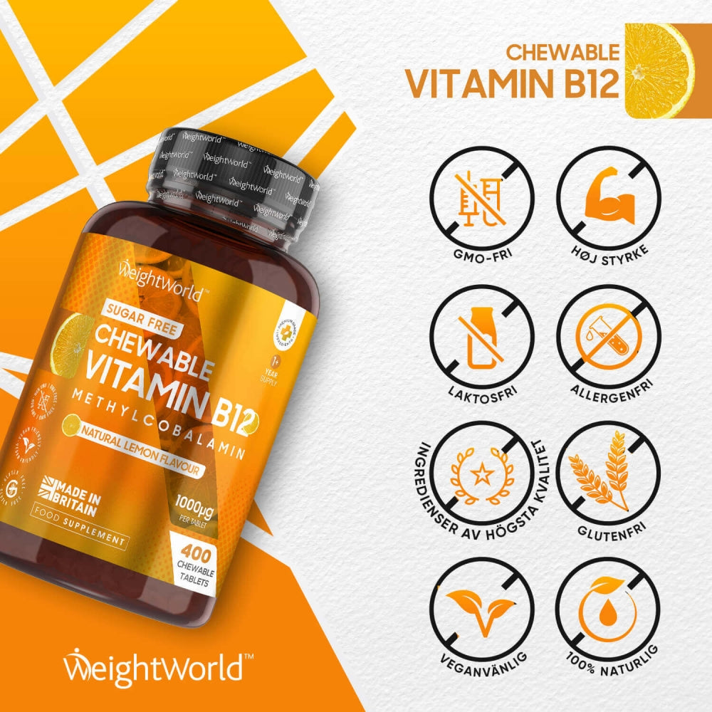 Visar en burk av Vitamin B12 Tuggtabletter och vilka allergier som produkten innehåller. 