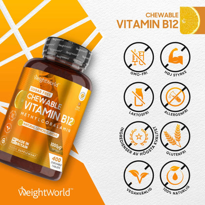 Visar en burk av Vitamin B12 Tuggtabletter och vilka allergier som produkten innehåller. 